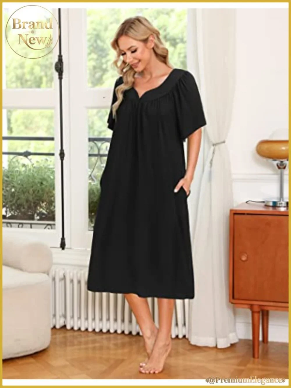 Women's House Dress with Pockets Floral V-Neck Nightgown